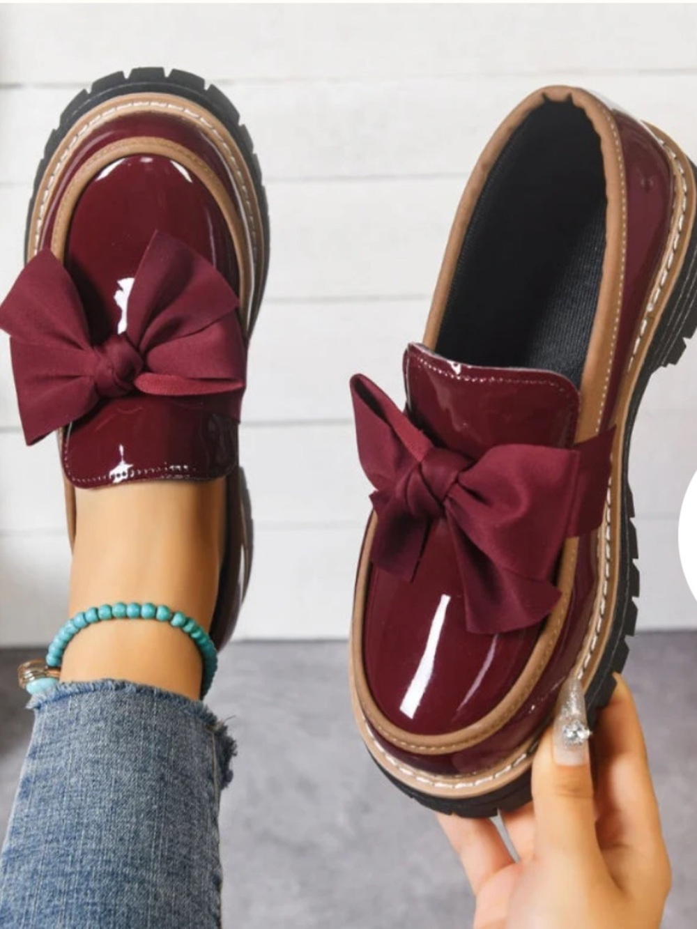 Bow Accent Patent Loafers in Burgundy